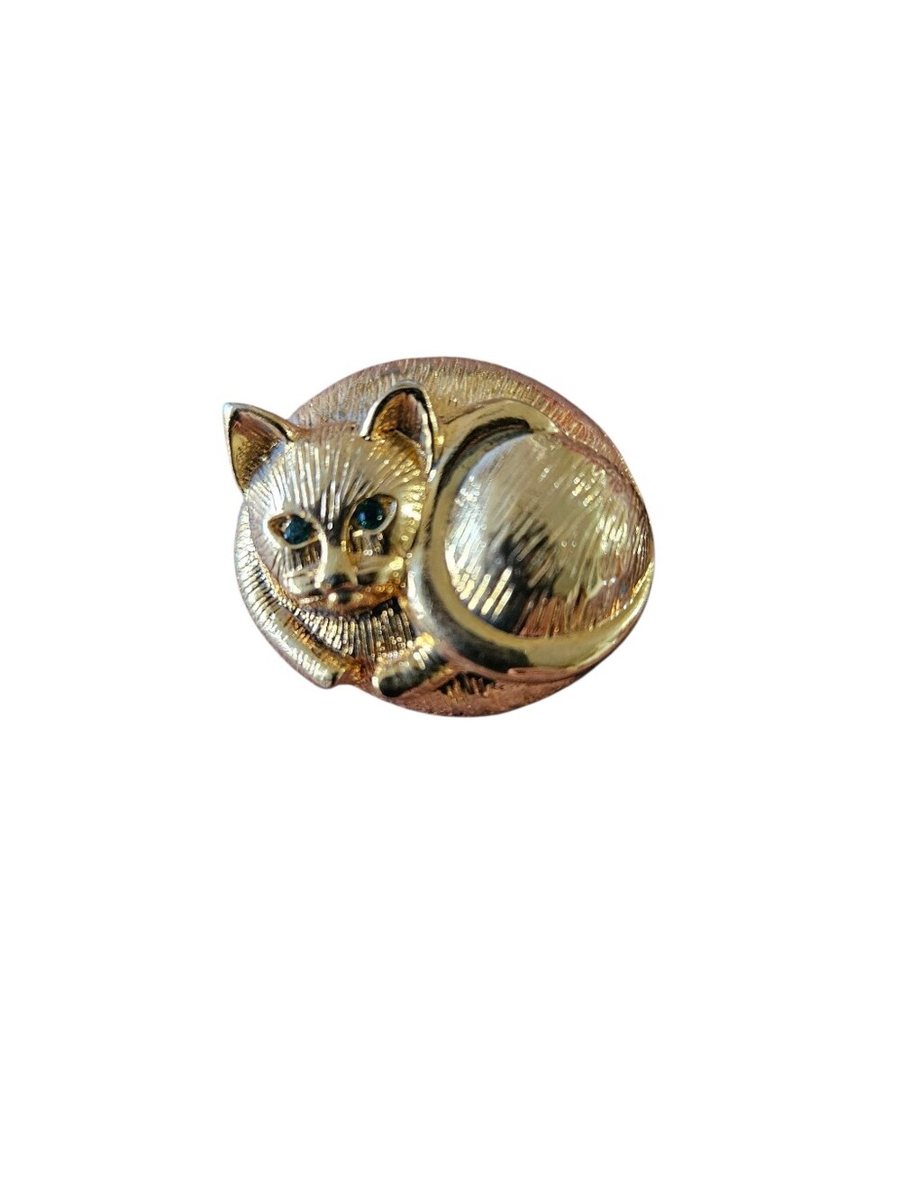 Vintage Goldtone Curled Cat Brooch With Green Rhinestone Eyes